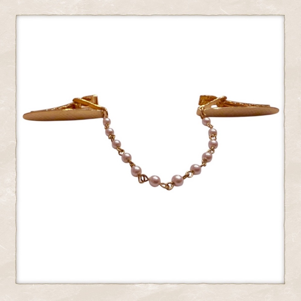 1950’s Vintage Pearl Sweater Clip Guard, Gold Tone‎ with Faux Pearl Chain, 8.2”
